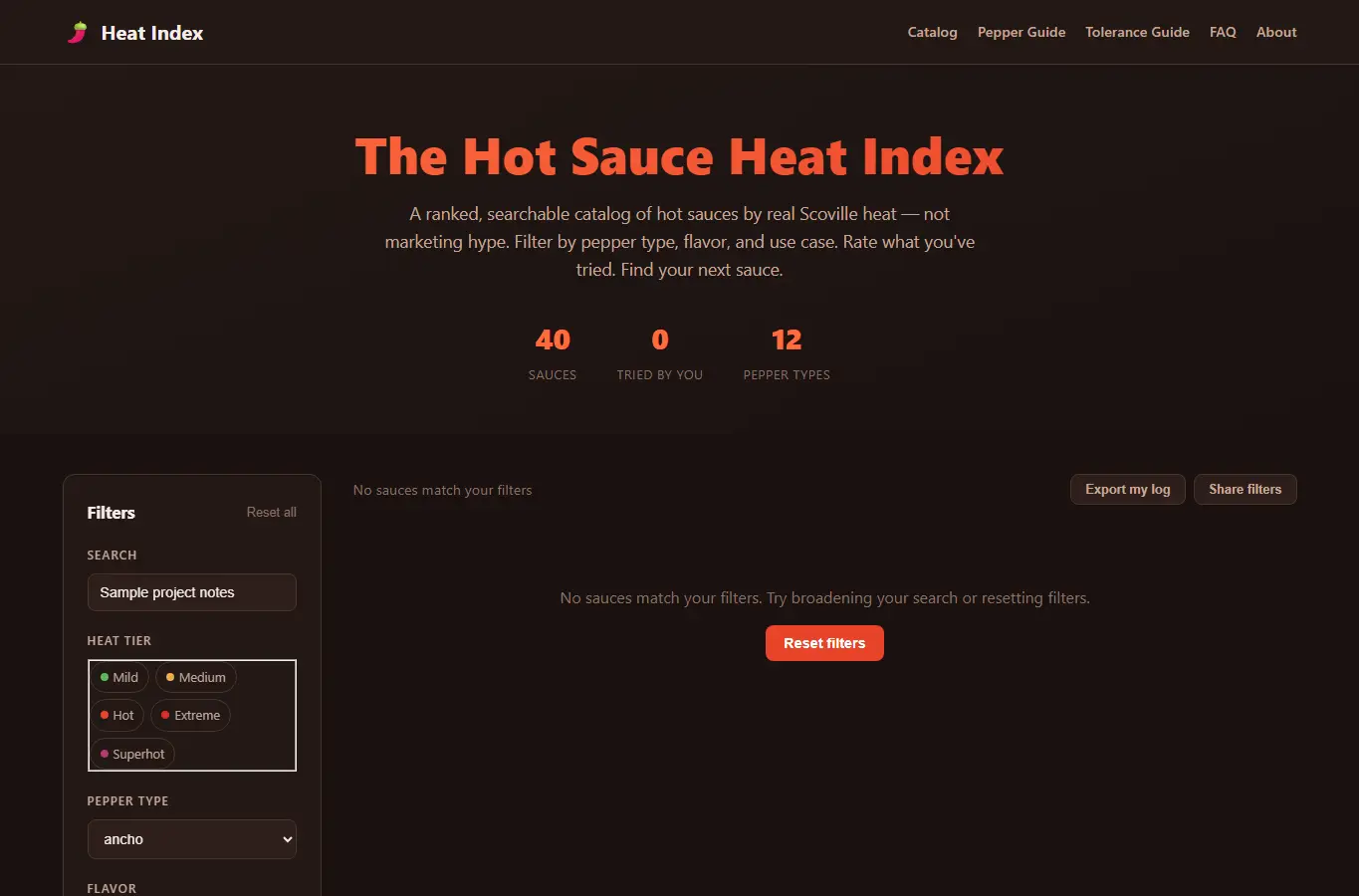 Screenshot of Heat Index — Hot Sauce Rankings by Scoville Heat interface showing the project page in use